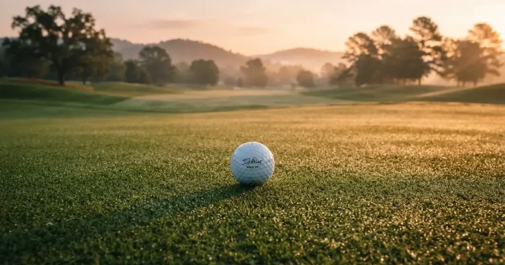 A ball on the centre spot of a grass pitch in morning light