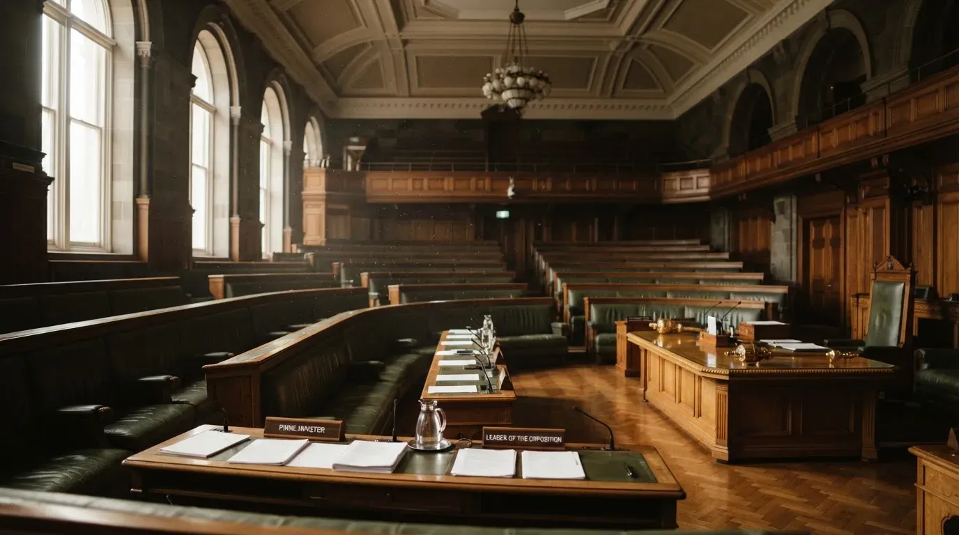 An empty courtroom with wooden benches in morning light