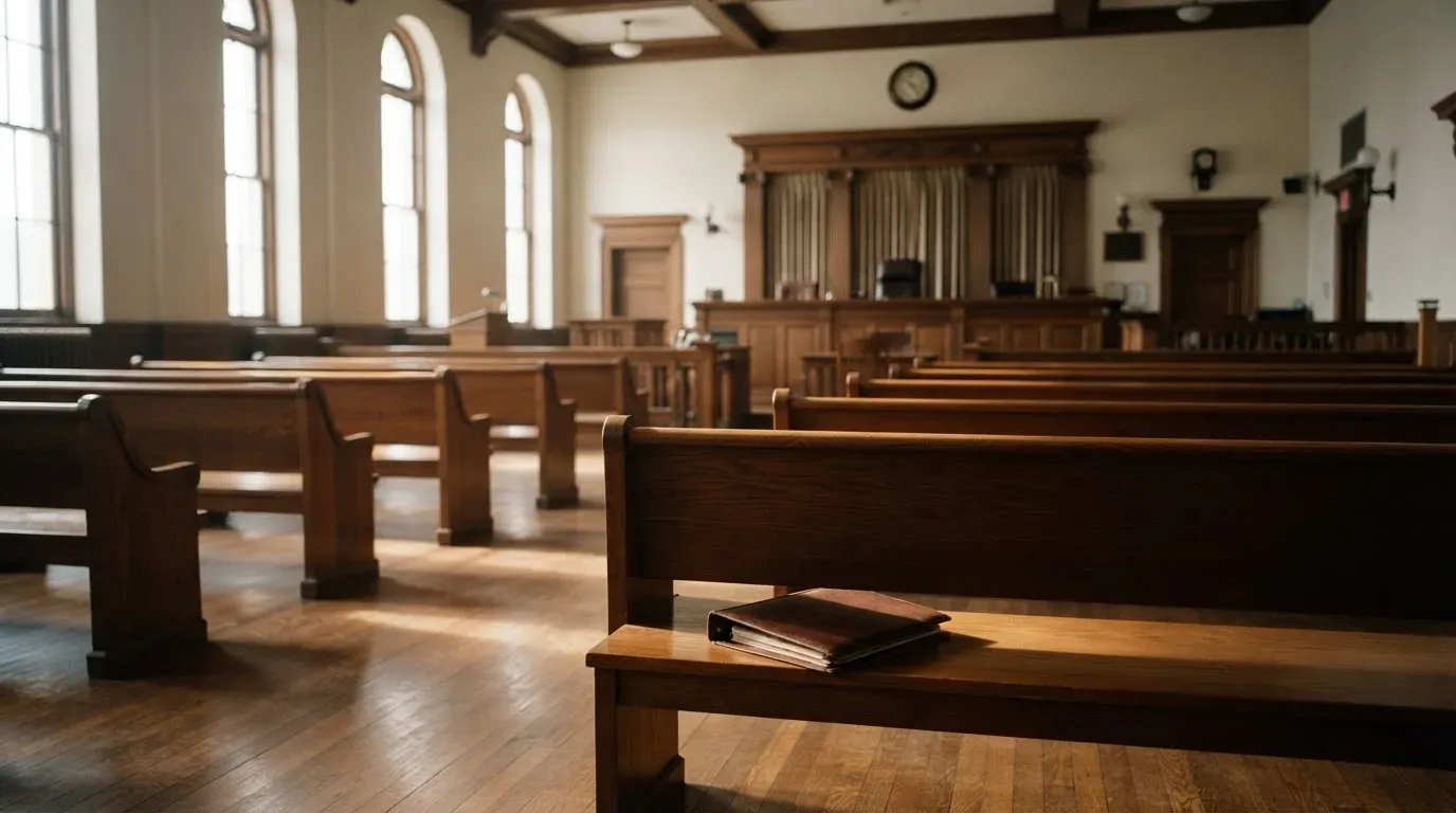 An empty courtroom with wooden benches in morning light