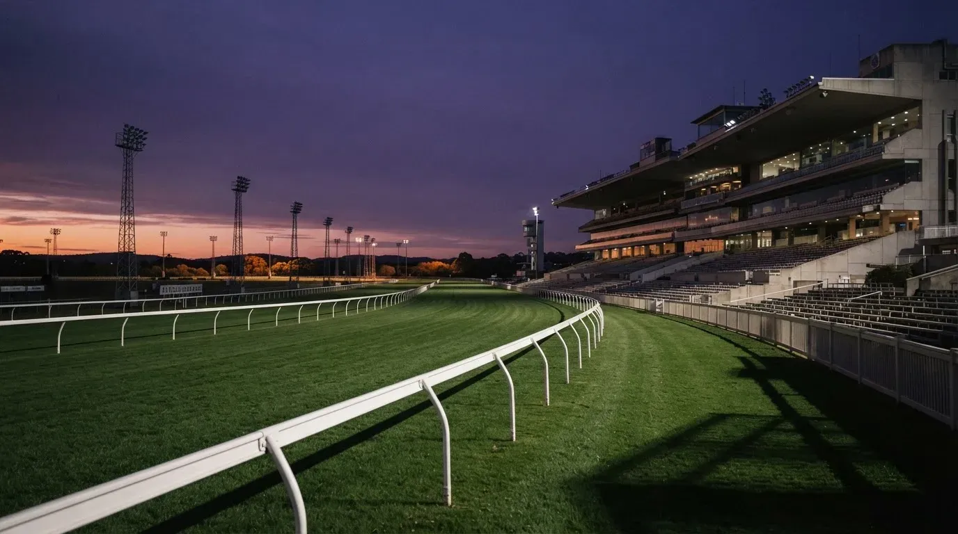 An empty football stadium with floodlight masts at dusk