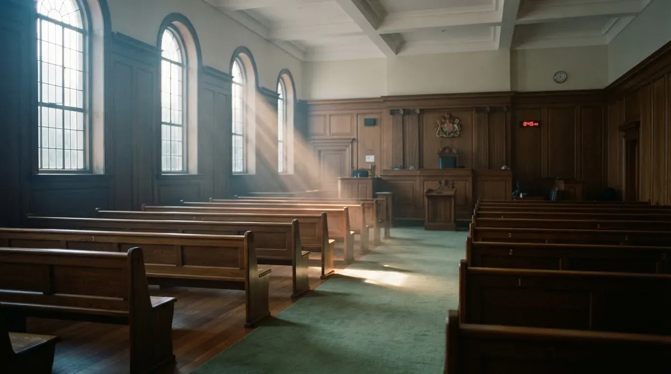 An empty courtroom with wooden benches in morning light