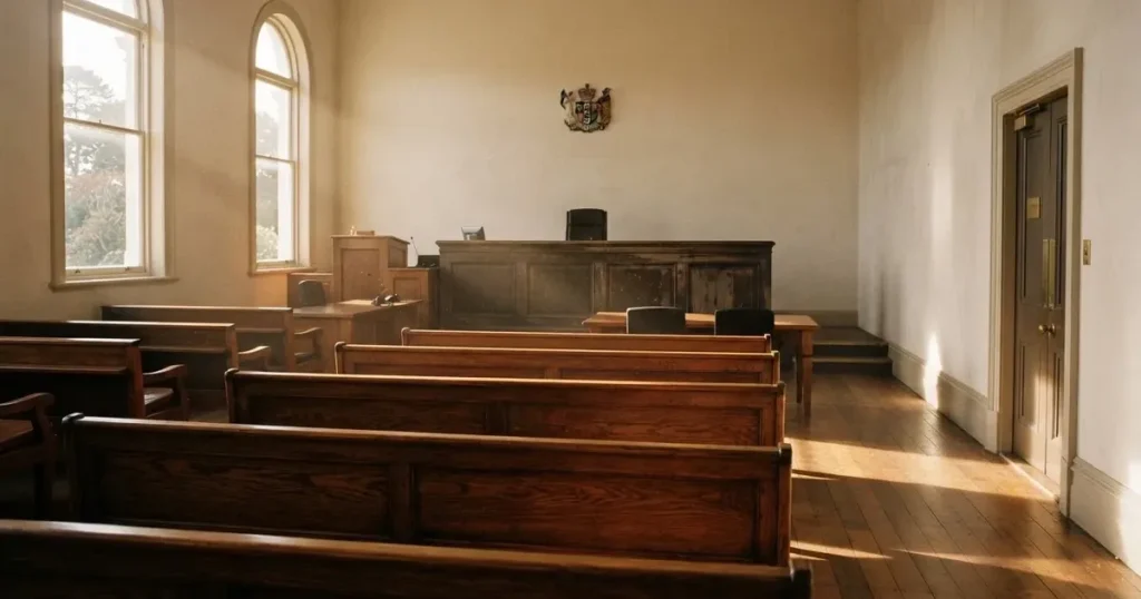 An empty courtroom with wooden benches in morning light