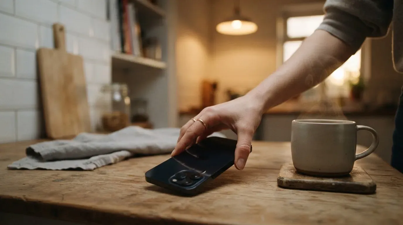 A hand setting a smartphone down beside a cup of tea on a kitchen table on a quiet evening