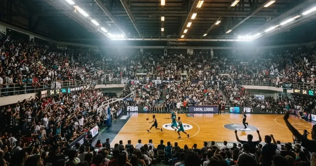 A packed sports hall under floodlights photographed from a long way off