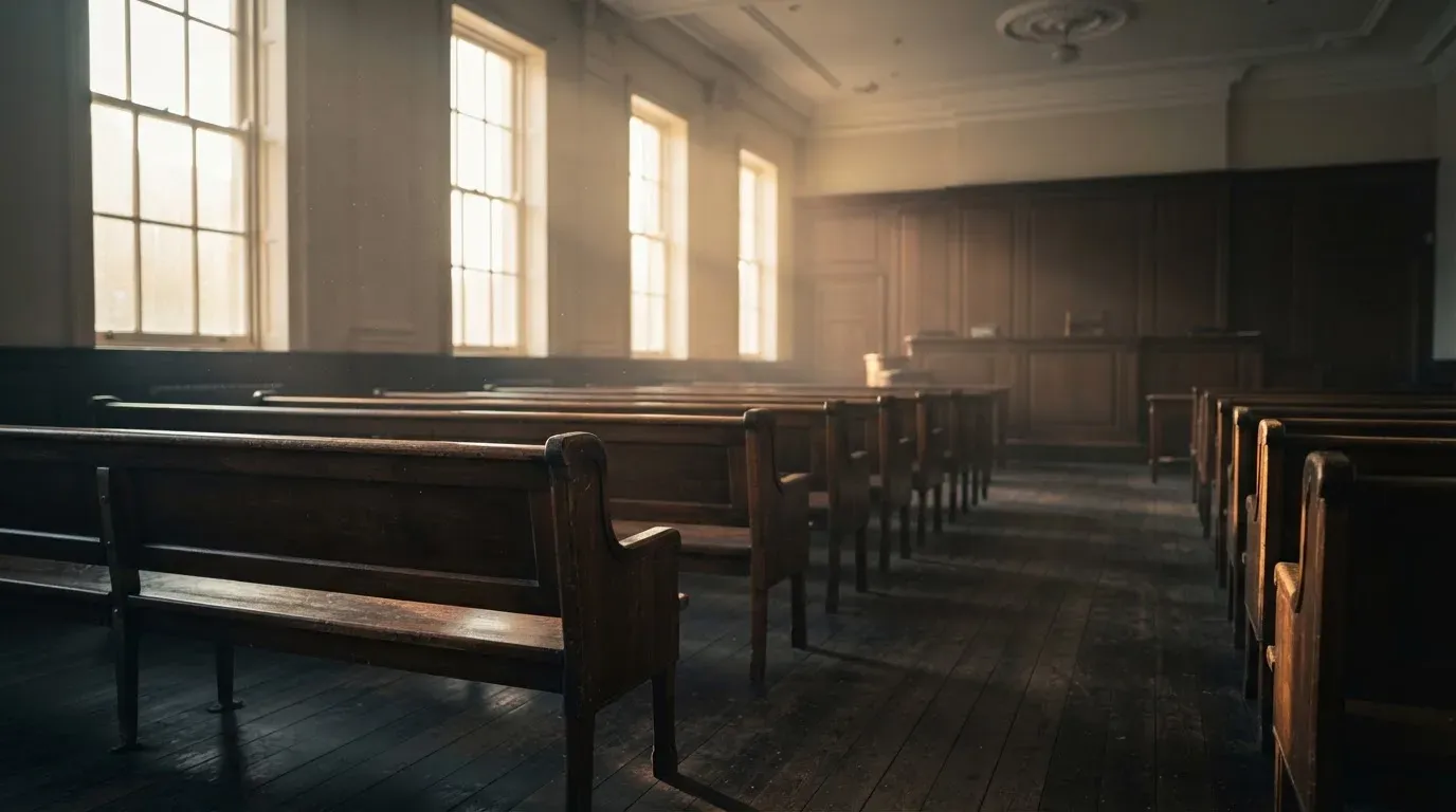 An empty courtroom with wooden benches in morning light