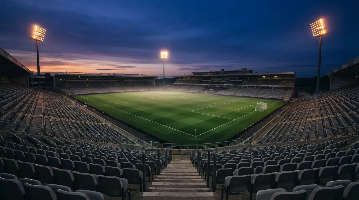An empty football stadium with floodlight masts at dusk