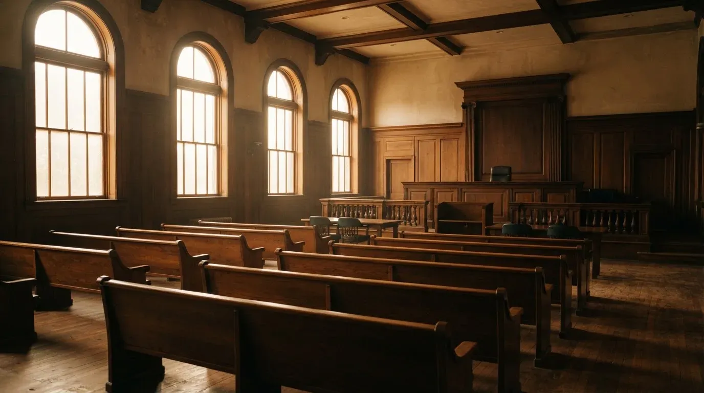 An empty courtroom with wooden benches in morning light