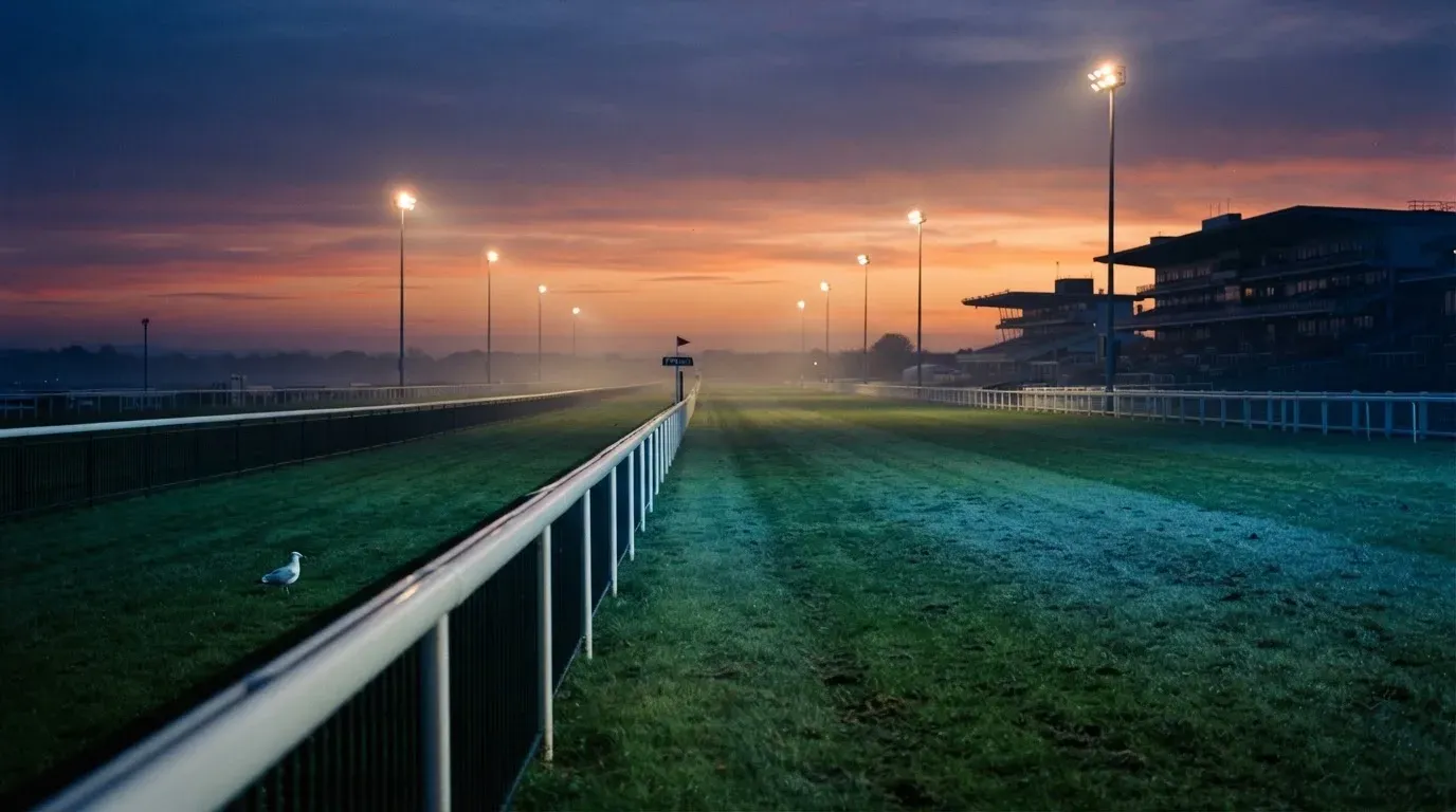 An empty football stadium with floodlight masts at dusk