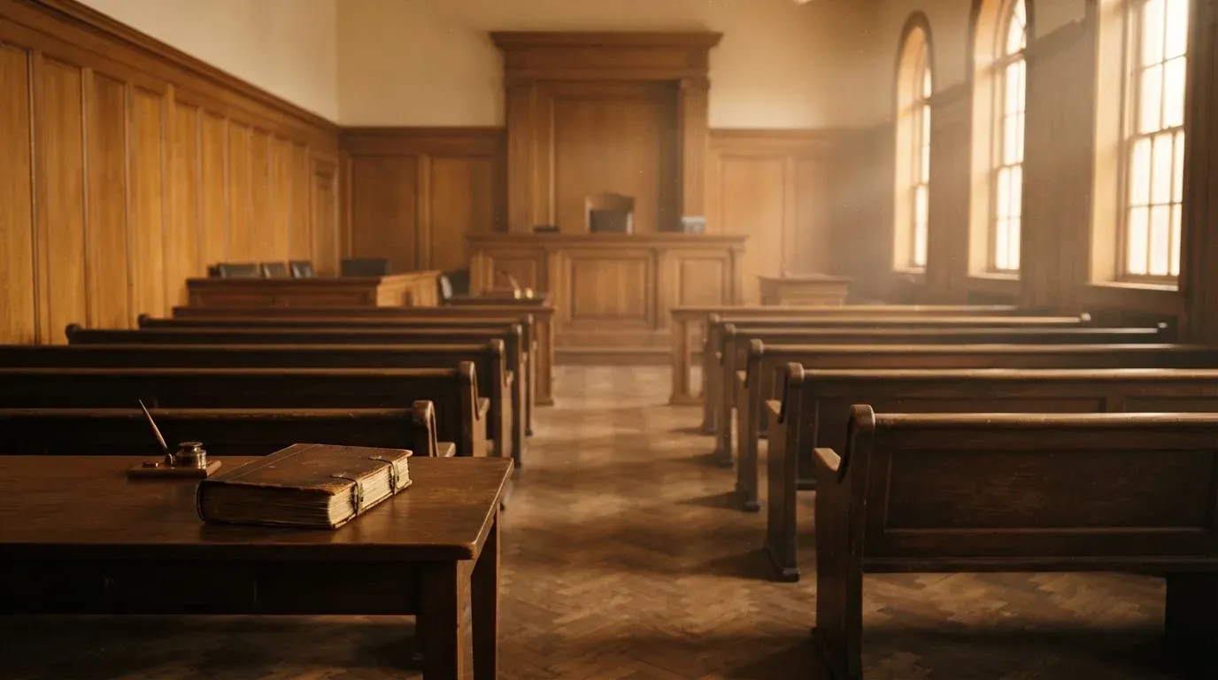 An empty courtroom with wooden benches in morning light