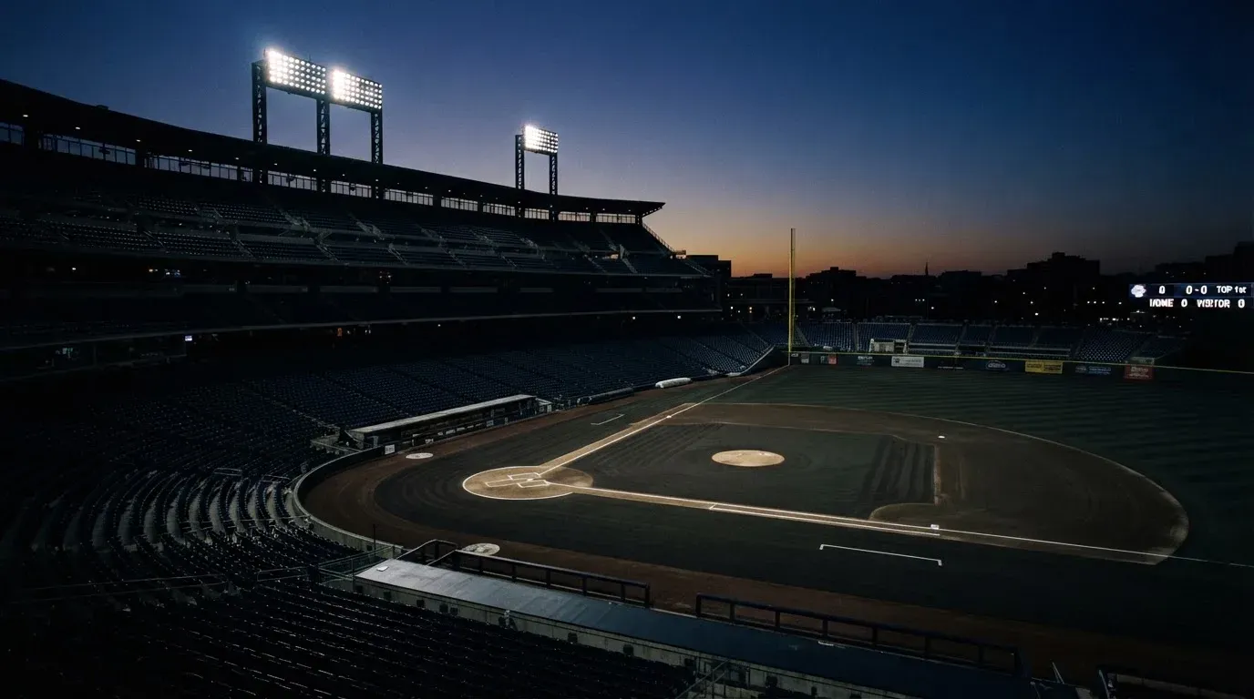 An empty football stadium with floodlight masts at dusk