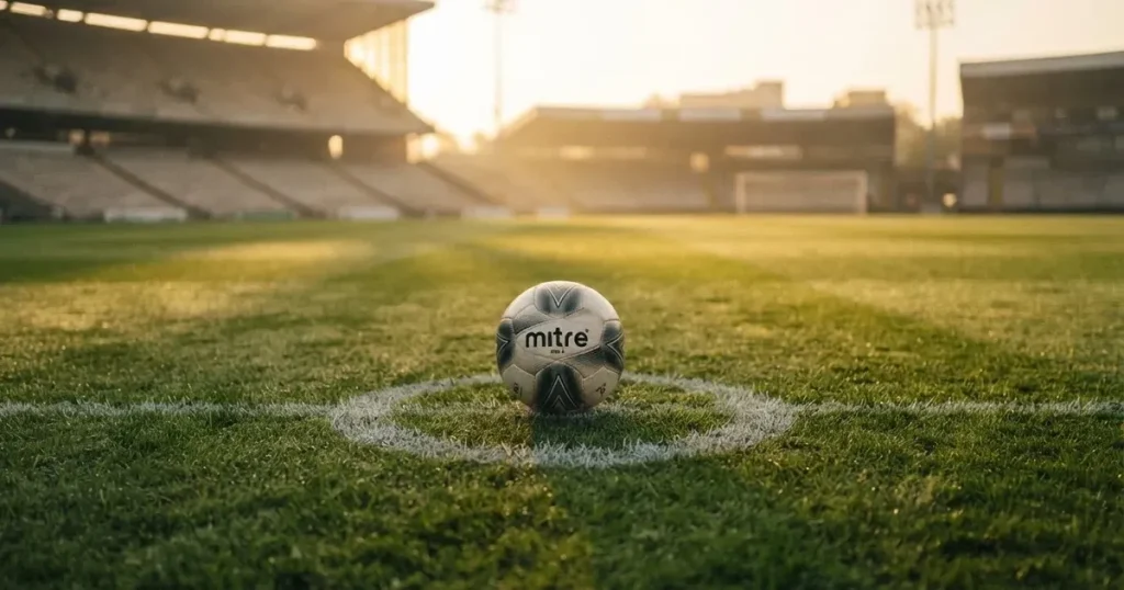 A ball on the centre spot of a grass pitch in morning light
