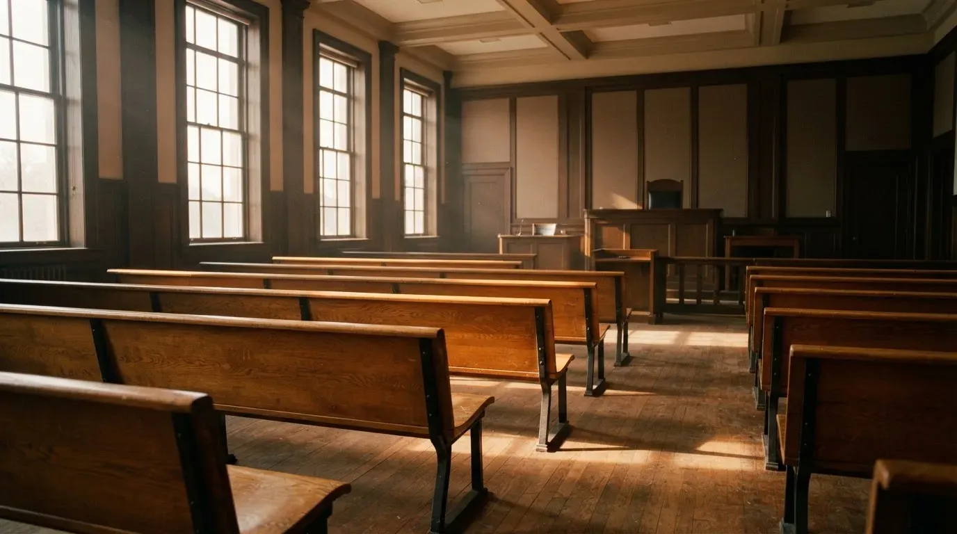An empty courtroom with wooden benches in morning light
