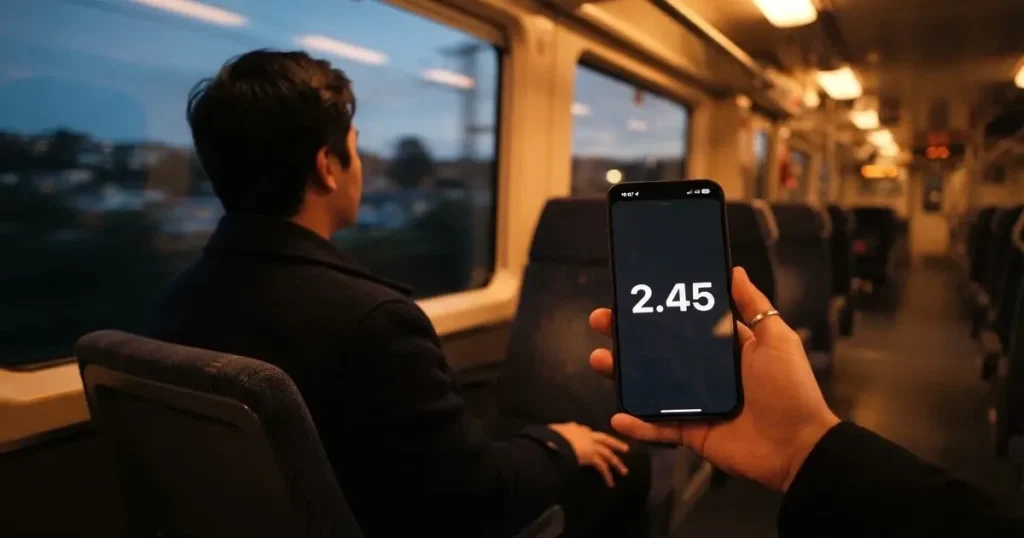 A hand holding a smartphone on a train in the evening, screen turned away