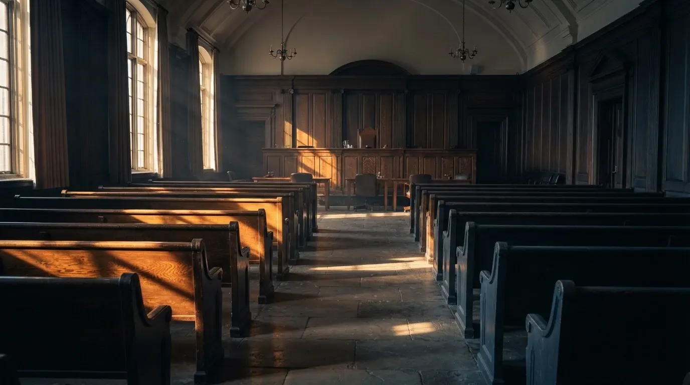 An empty courtroom with wooden benches in morning light