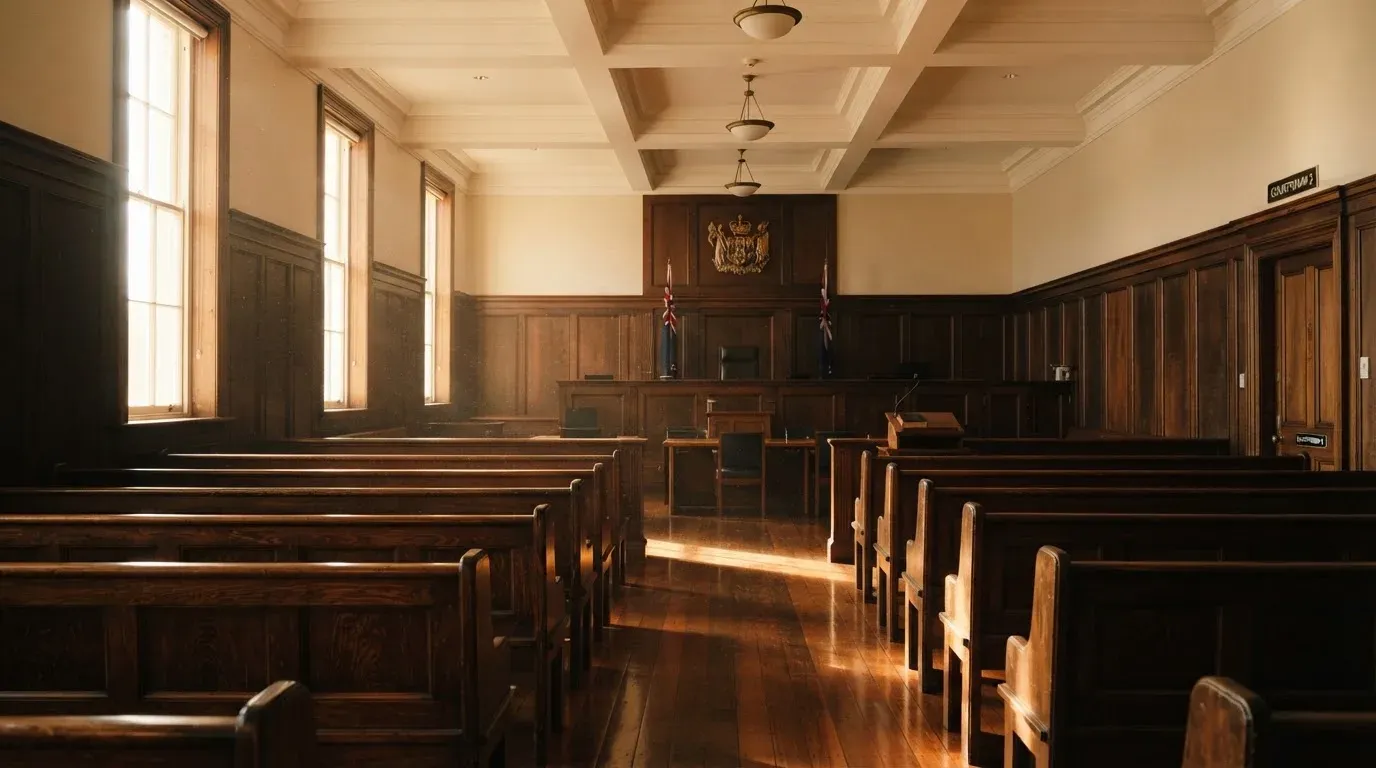 An empty courtroom with wooden benches in morning light