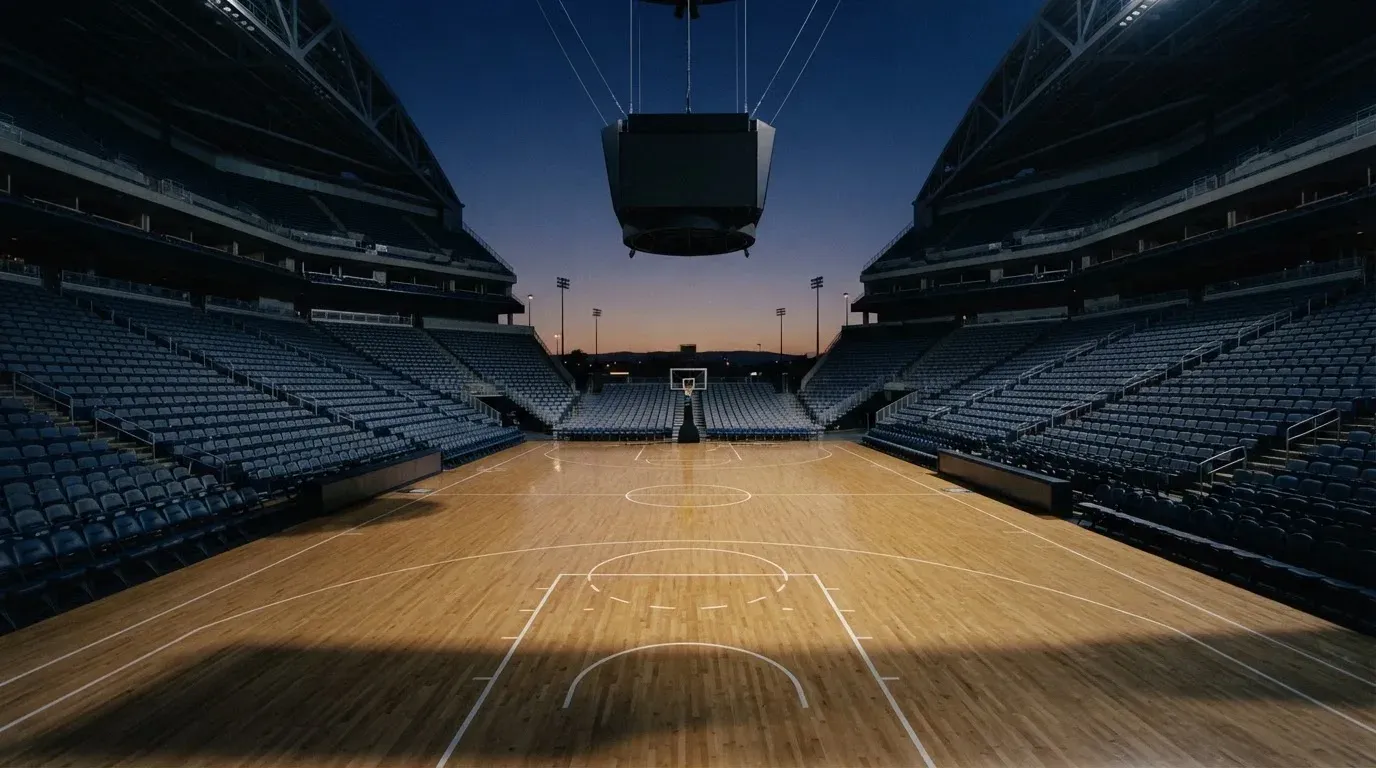 An empty football stadium with floodlight masts at dusk