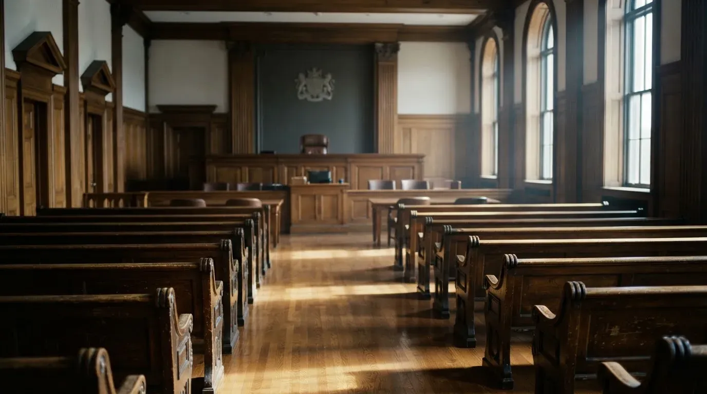 An empty courtroom with wooden benches in morning light