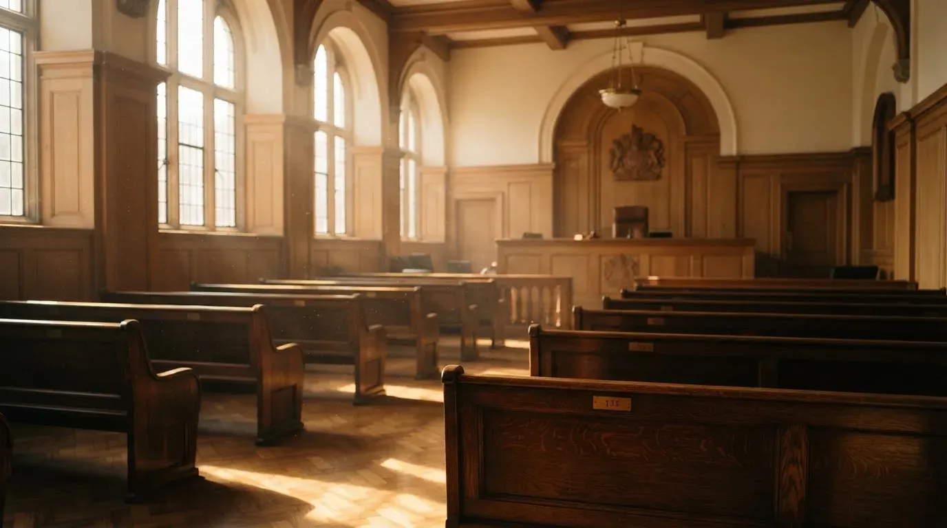 An empty courtroom with wooden benches in morning light