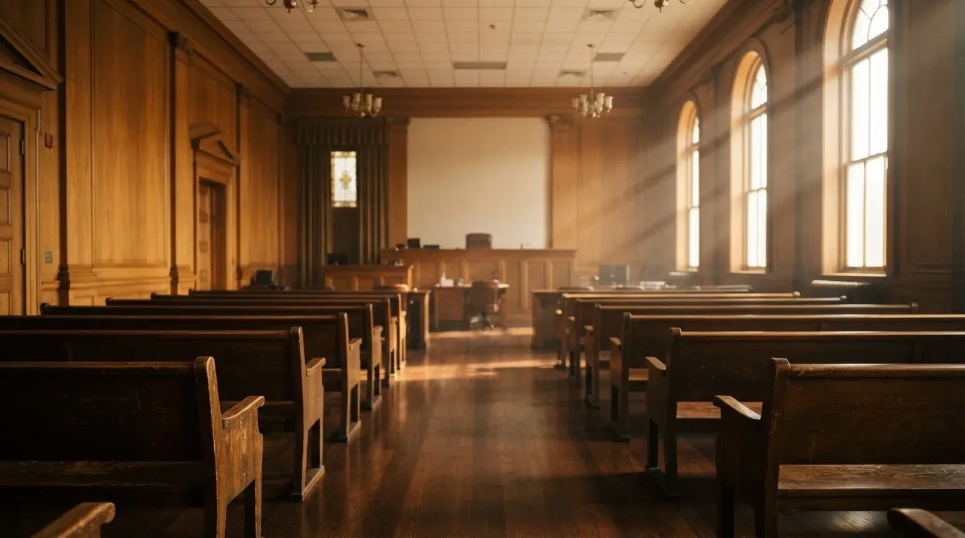 An empty courtroom with wooden benches in morning light