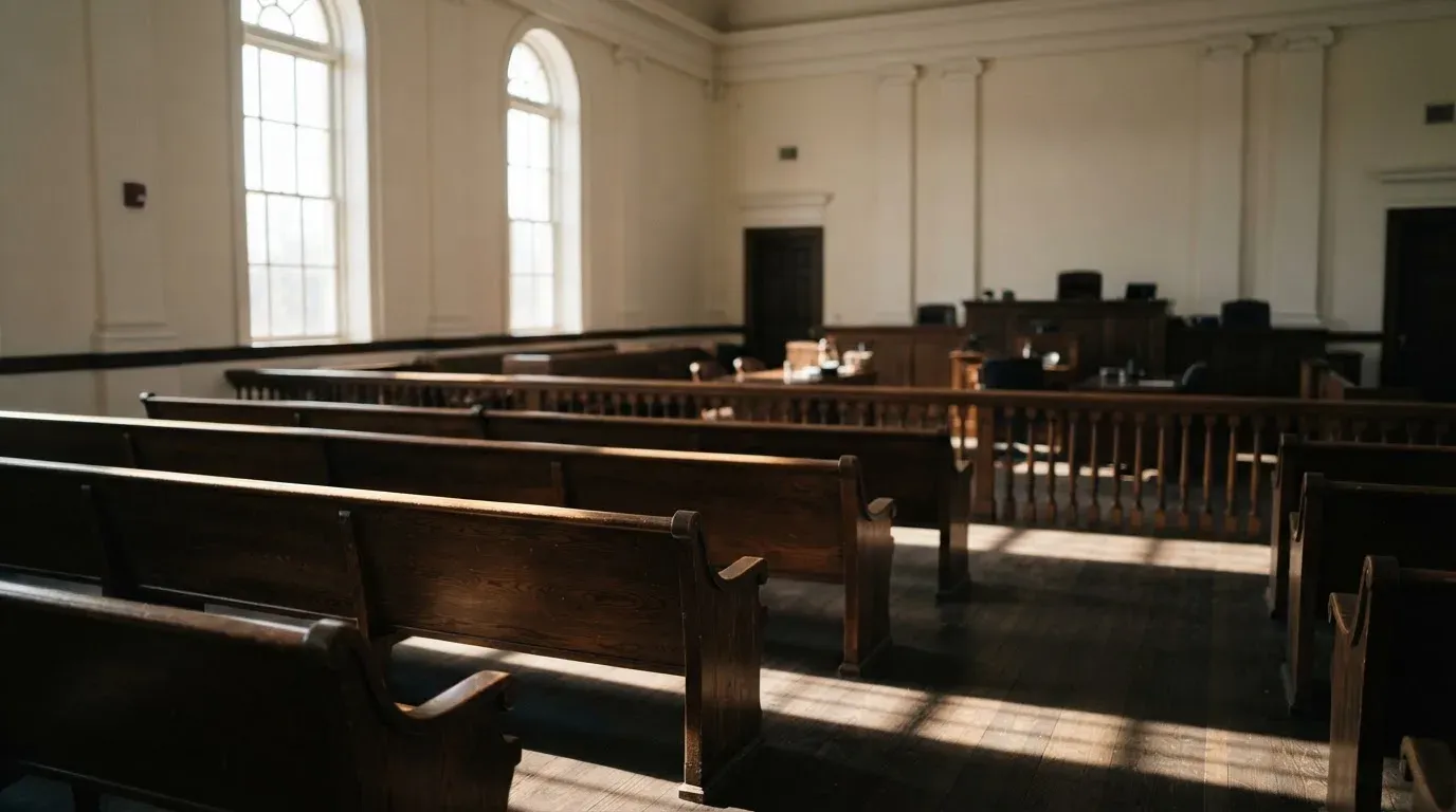An empty courtroom with wooden benches in morning light