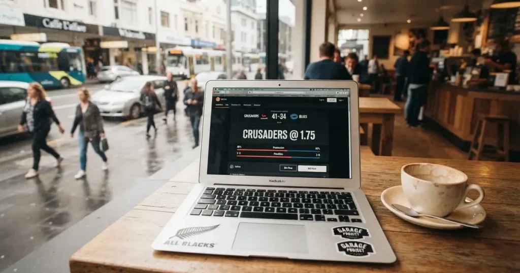 A laptop on a café table by a window onto the street