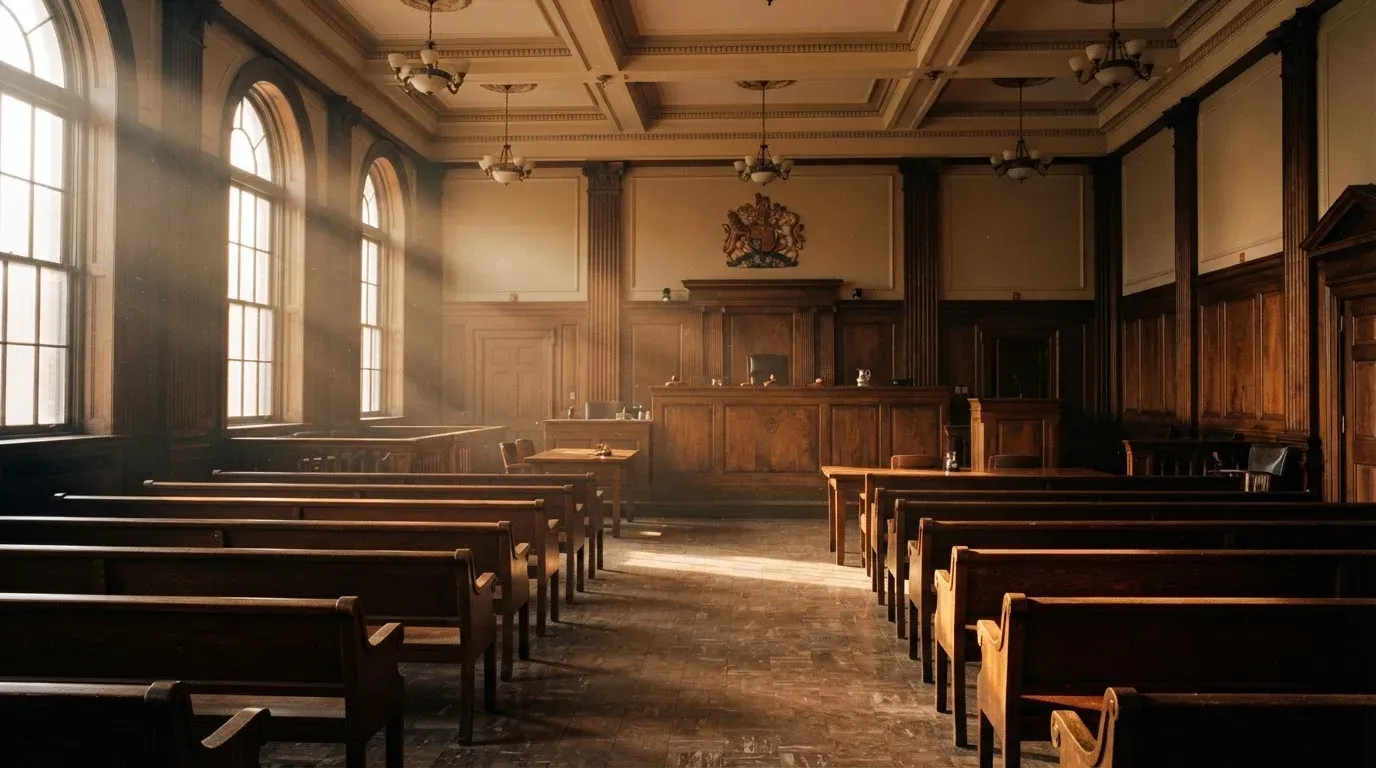 An empty courtroom with wooden benches in morning light