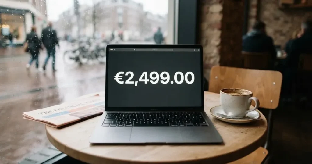 A laptop on a café table by a window onto the street