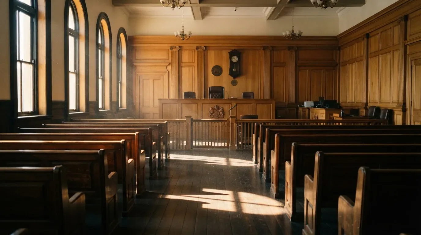 An empty courtroom with wooden benches in morning light