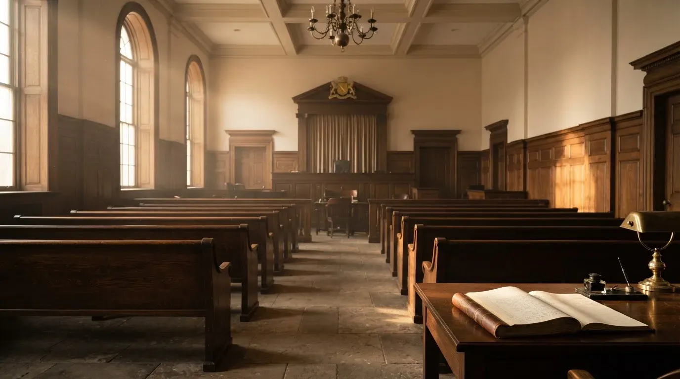 An empty courtroom with wooden benches in morning light