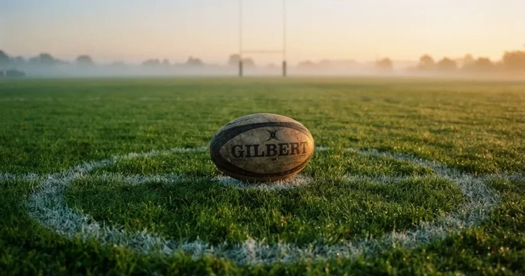 A ball on the centre spot of a grass pitch in morning light