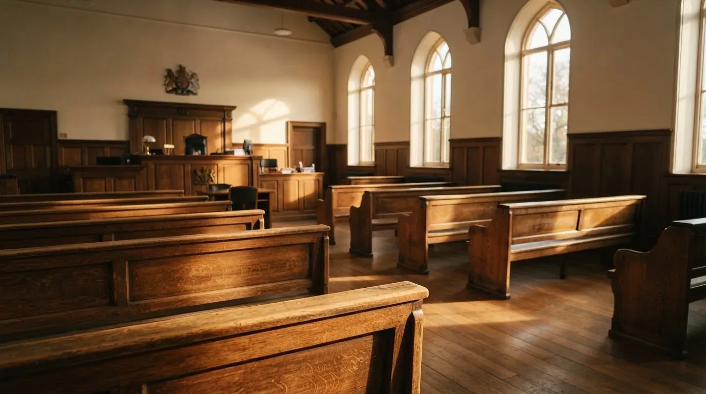 An empty courtroom with wooden benches in morning light