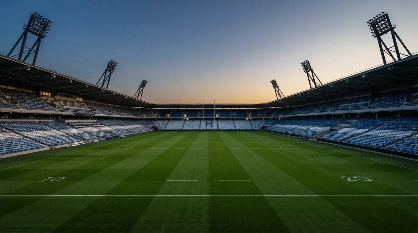 An empty football stadium with floodlight masts at dusk