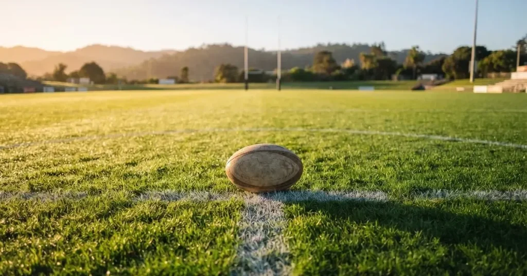 A ball on the centre spot of a grass pitch in morning light