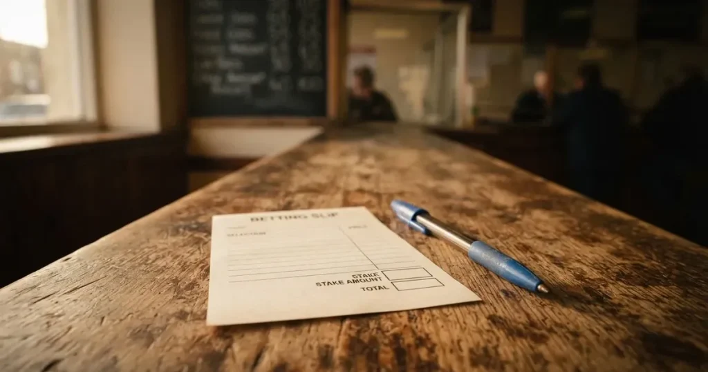 A blank paper betting slip beside a pen on a wooden counter