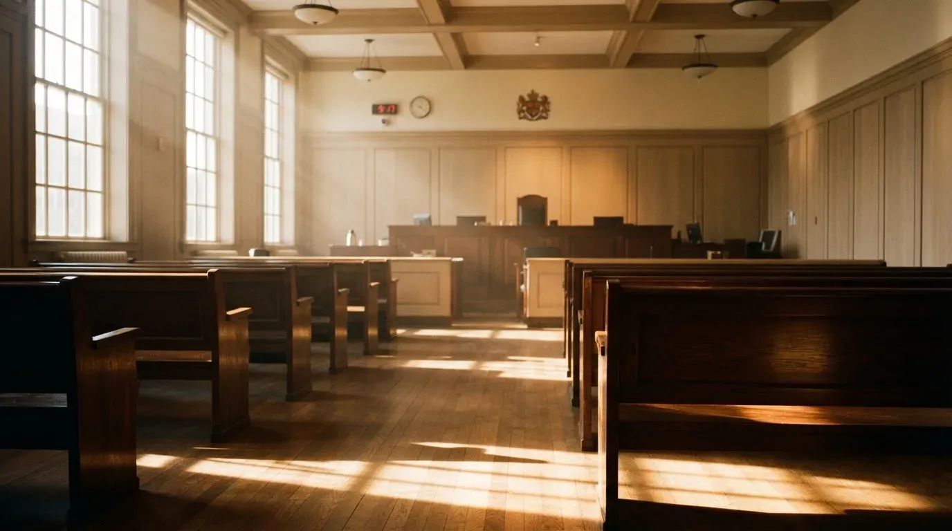 An empty courtroom with wooden benches in morning light