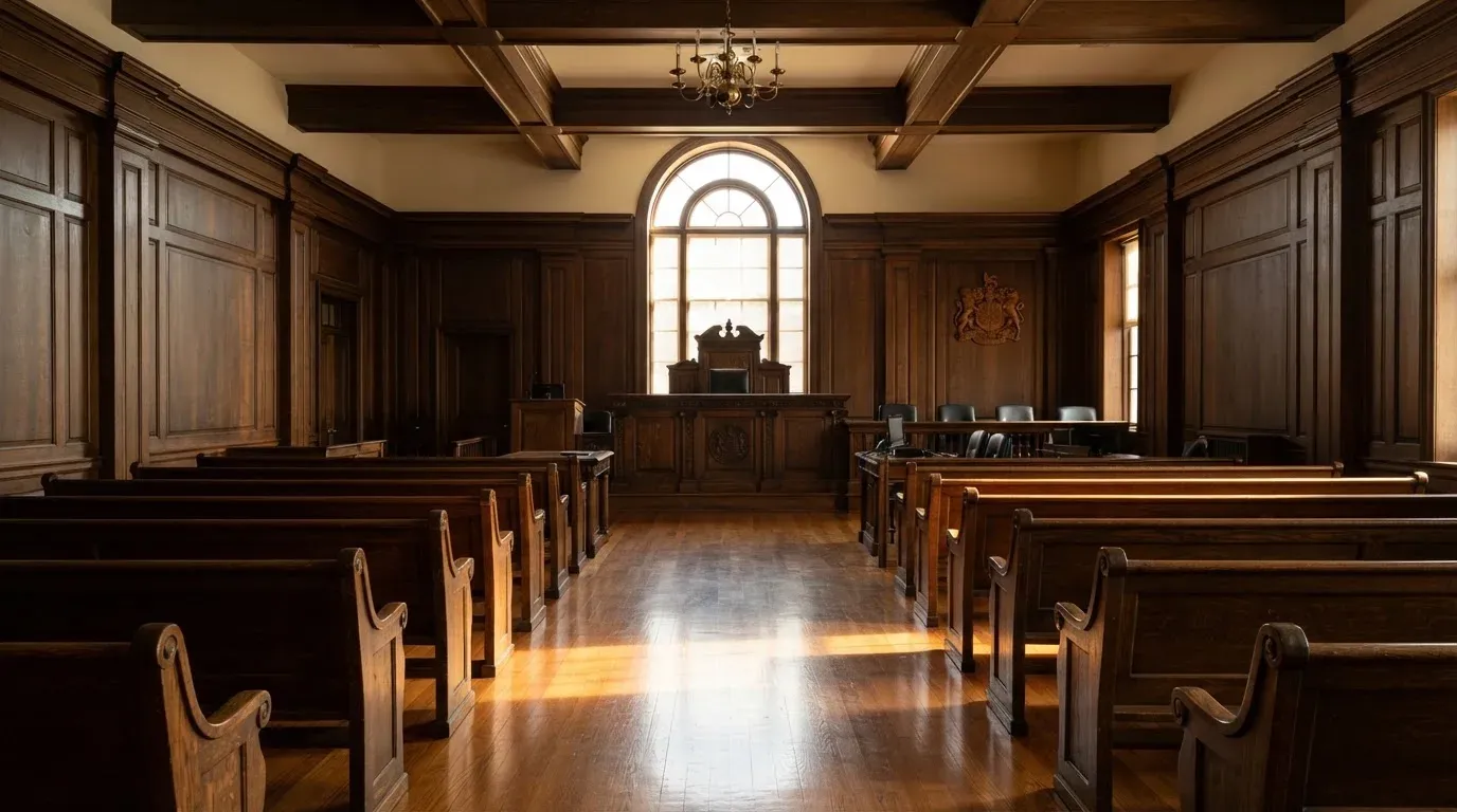 An empty courtroom with wooden benches in morning light