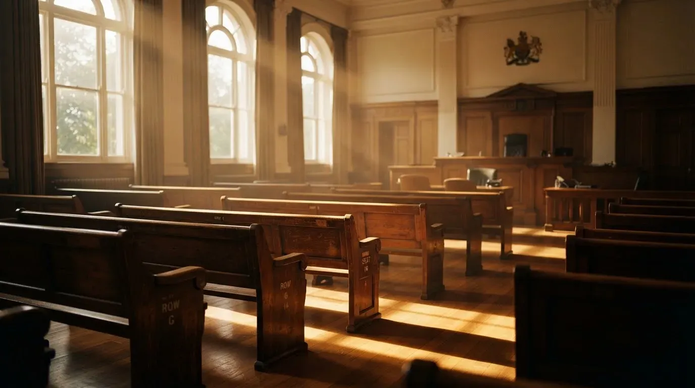 An empty courtroom with wooden benches in morning light