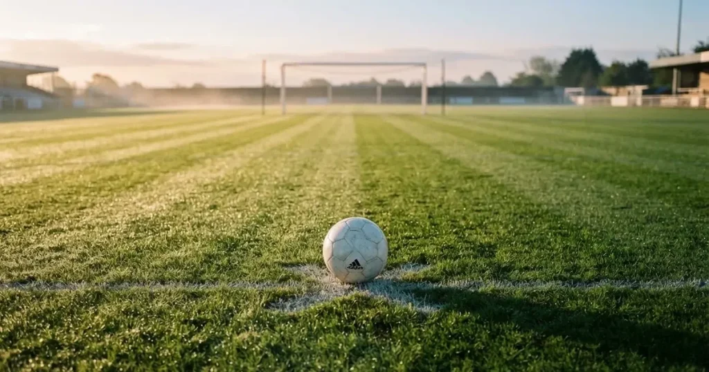 A ball on the centre spot of a grass pitch in morning light