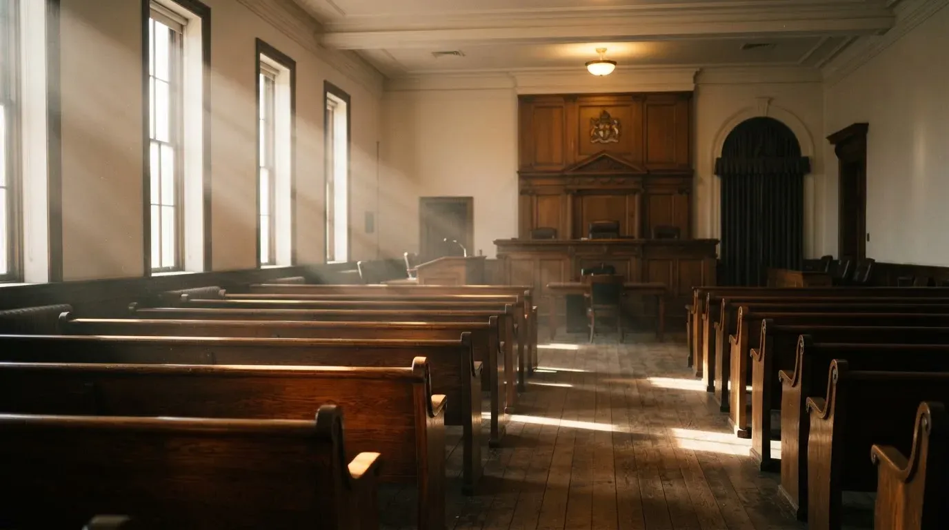 An empty courtroom with wooden benches in morning light