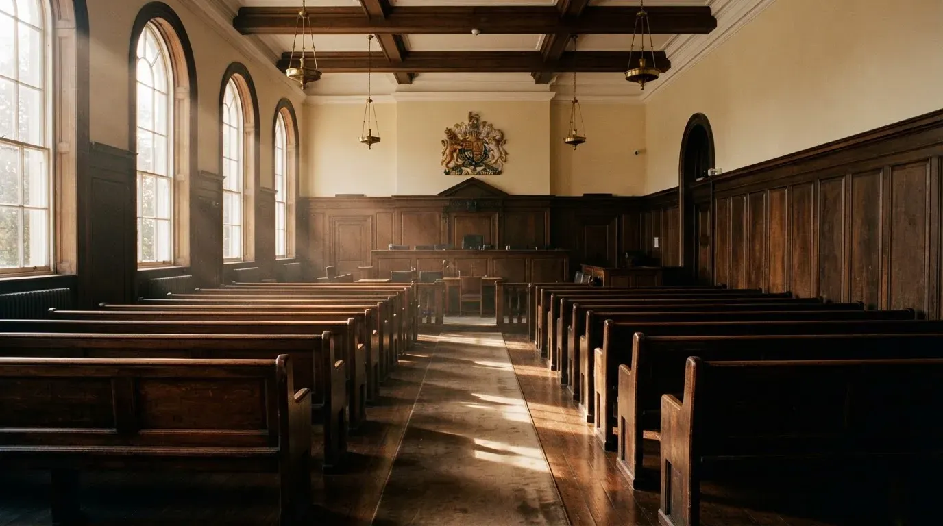 An empty courtroom with wooden benches in morning light