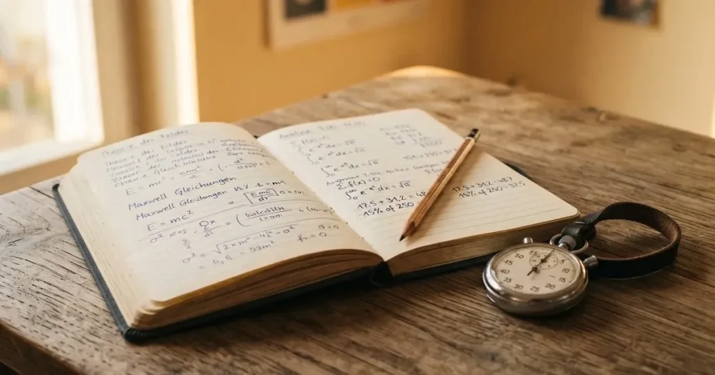 An open notebook with a pencil and a stopwatch on a wooden table