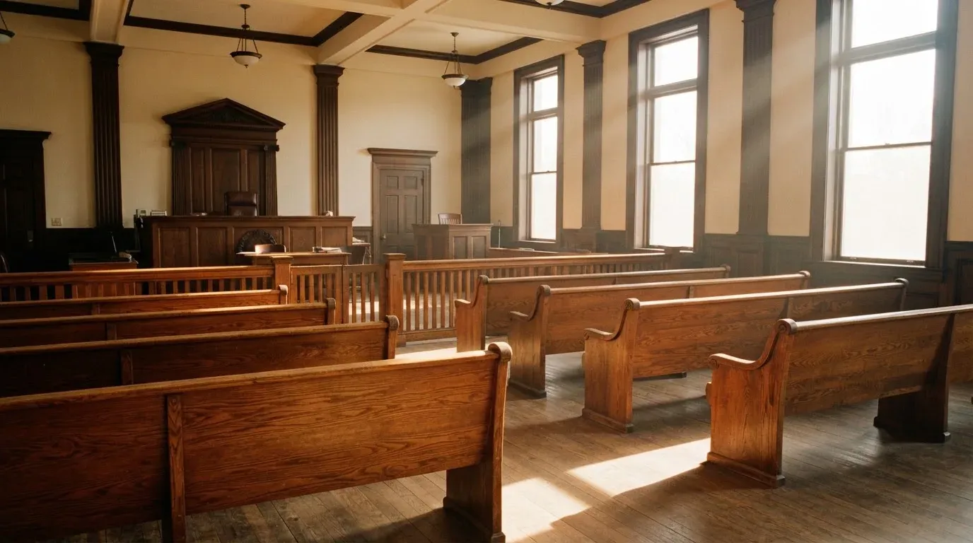 An empty courtroom with wooden benches in morning light