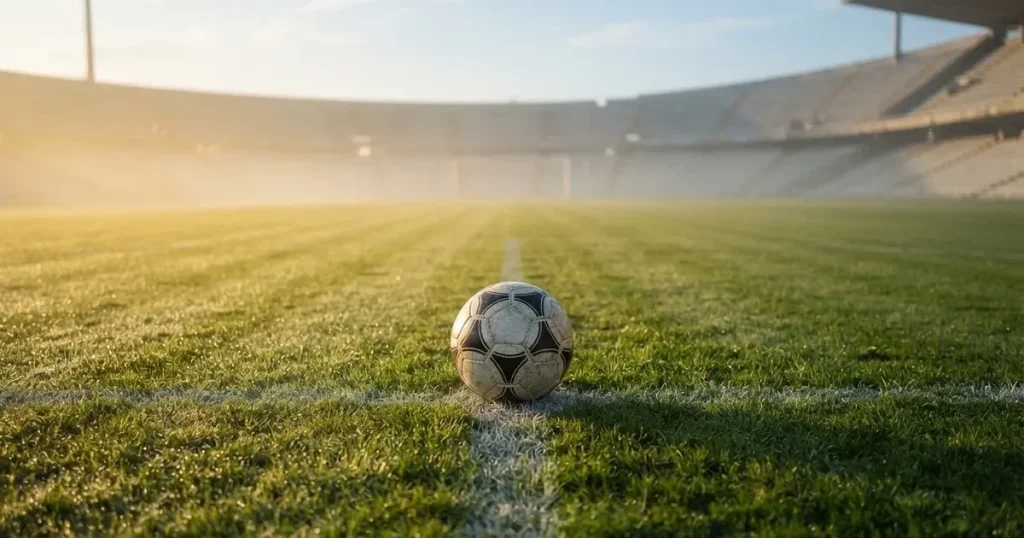 A ball on the centre spot of a grass pitch in morning light