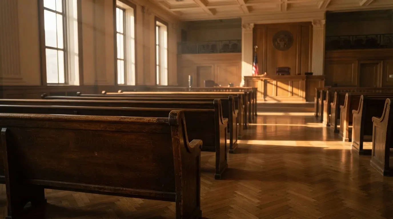 An empty courtroom with wooden benches in morning light