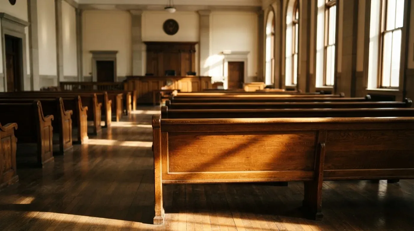 An empty courtroom with wooden benches in morning light