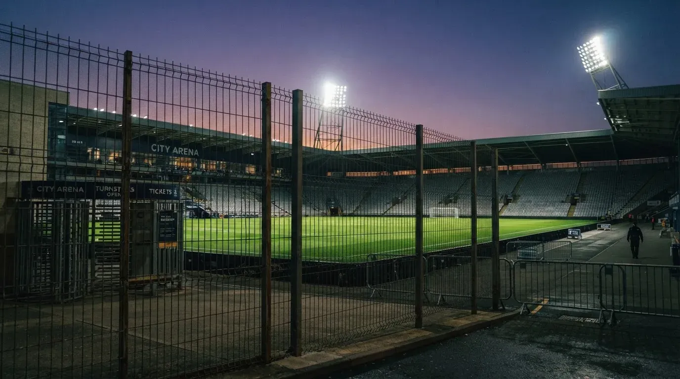 An empty football stadium with floodlight masts at dusk