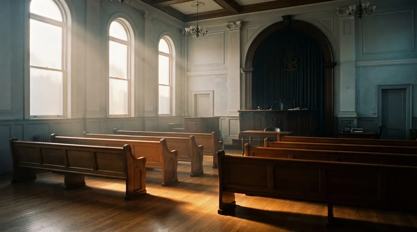 An empty courtroom with wooden benches in morning light