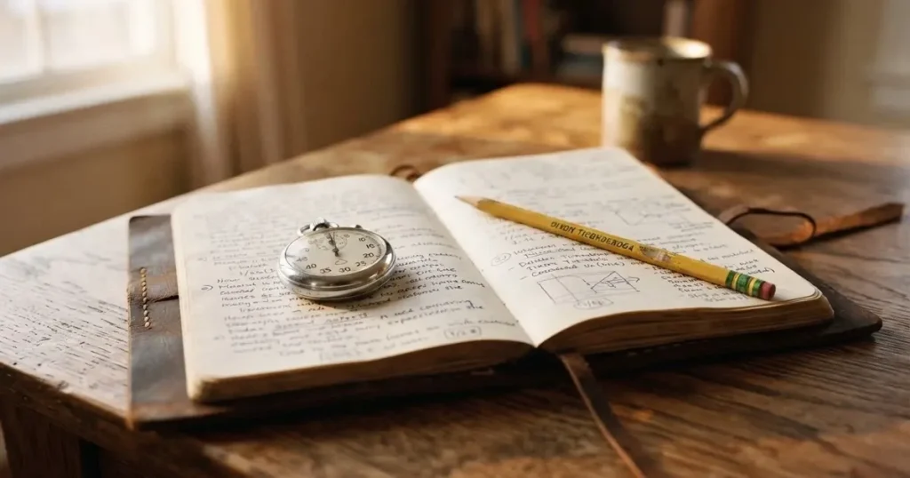 An open notebook with a pencil and a stopwatch on a wooden table
