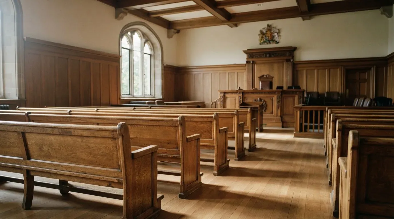 An empty courtroom with wooden benches in morning light