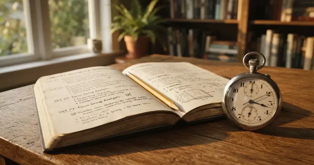 An open notebook with a pencil and a stopwatch on a wooden table